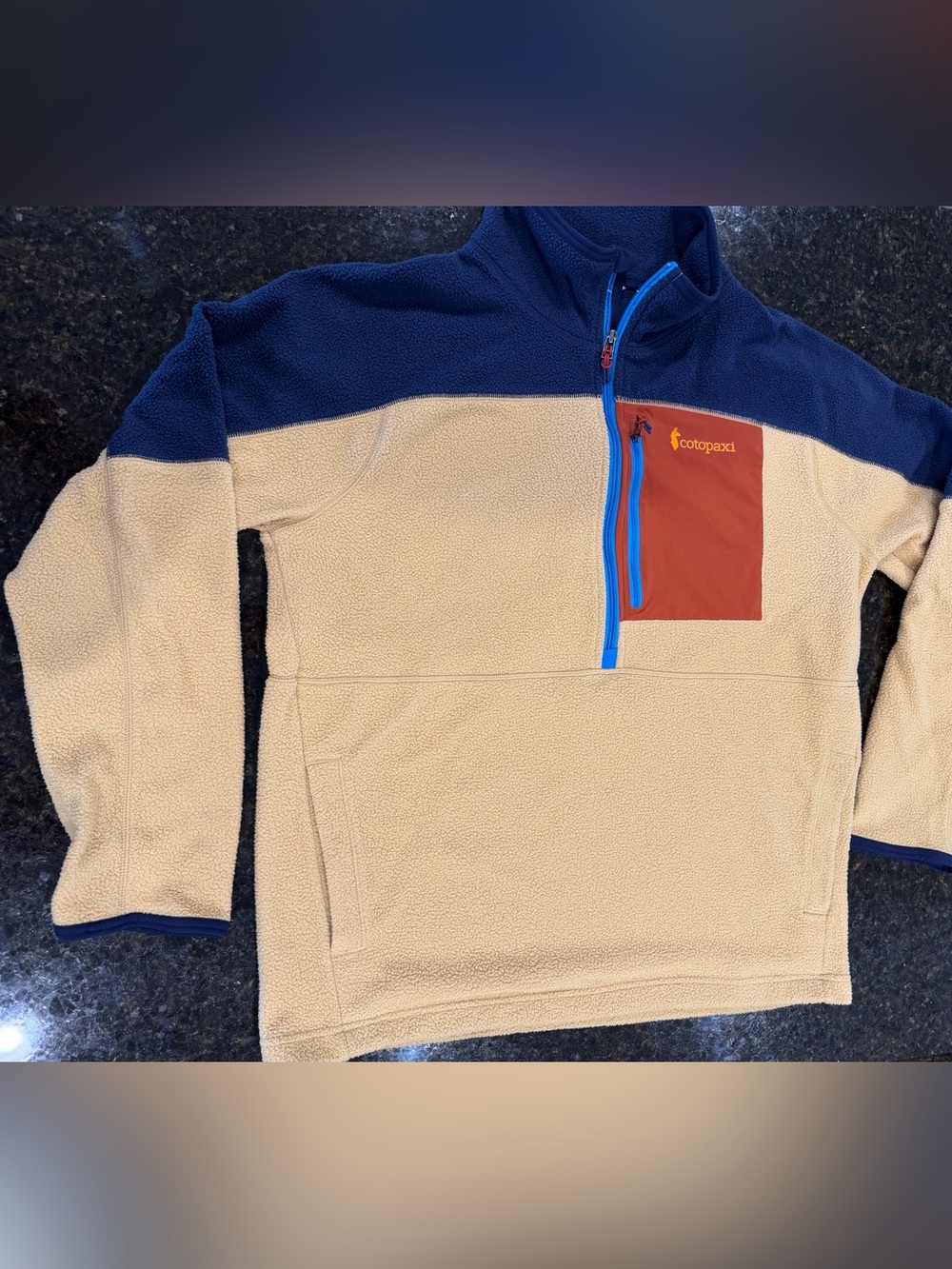 Cotopaxi Two-Tone Fleece Quarter-Zip in Navy, Tan & Rust